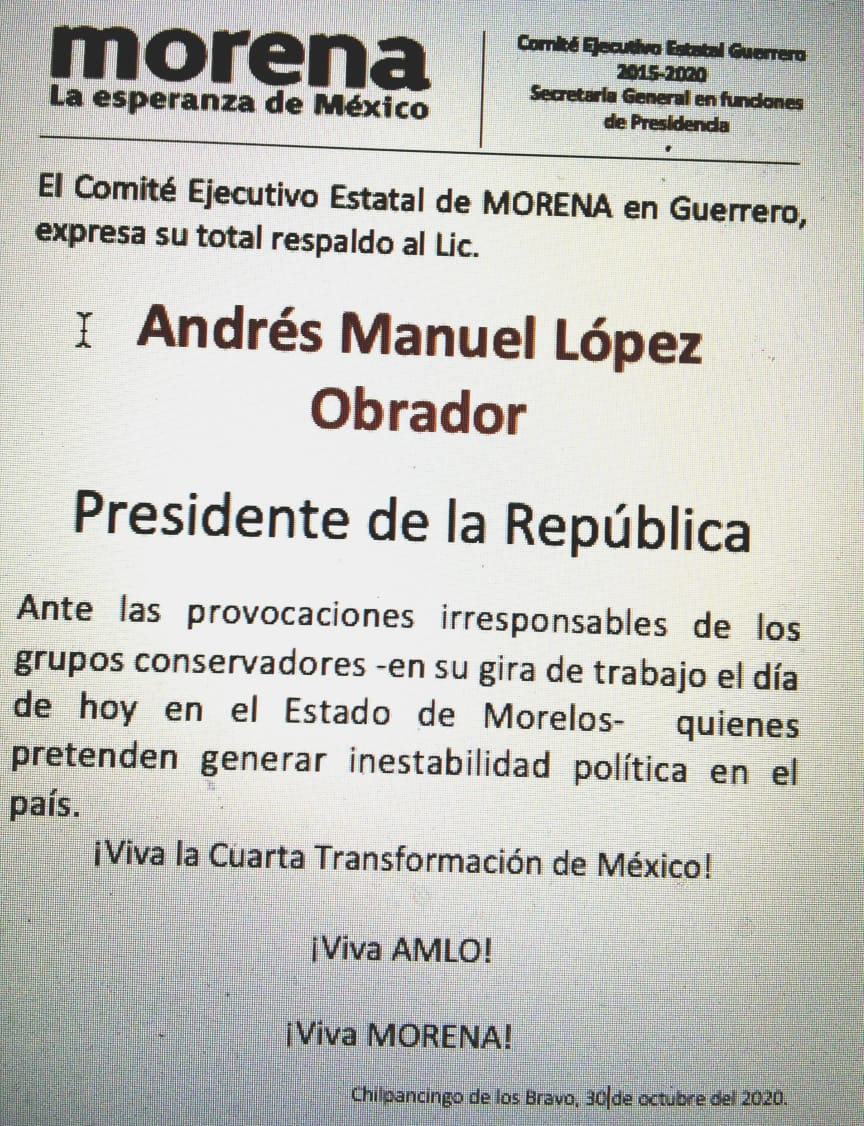 El comité Ejecutivo Estatal de MORENA en Guerrero, expresa su total  respaldo al Lic. Andrés Manuel López Obrador. – morena guerrero
